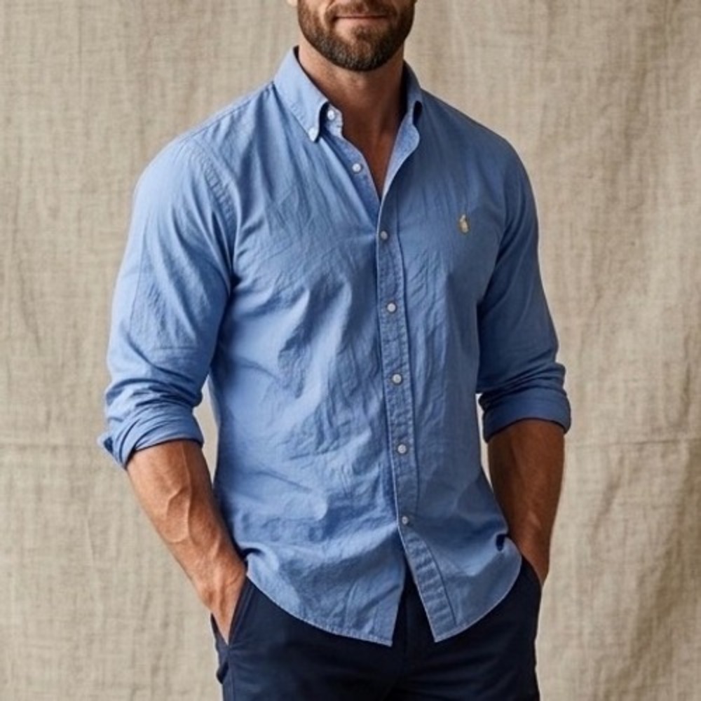 Ralph Lauren‎ Mens XL Blue Bermuda Poplin Cotton Silk Button Down Shirt READ*